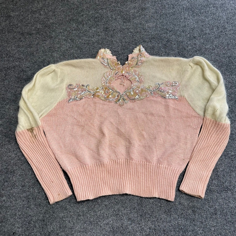 Maurada Sweater Womens XL Pink Wool Blend Sequin Beaded Scalloped Neck Vintage